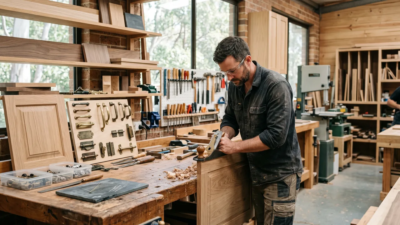 Cabinetmaker working at a kitchen joinery bench